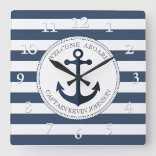 Blue and white striped with anchor personalised la square wall clock