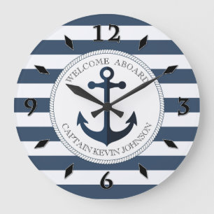 Blue and white striped with anchor personalised large clock