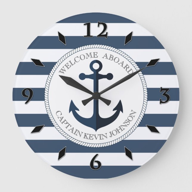 Blue and white striped with anchor personalised large clock (Front)