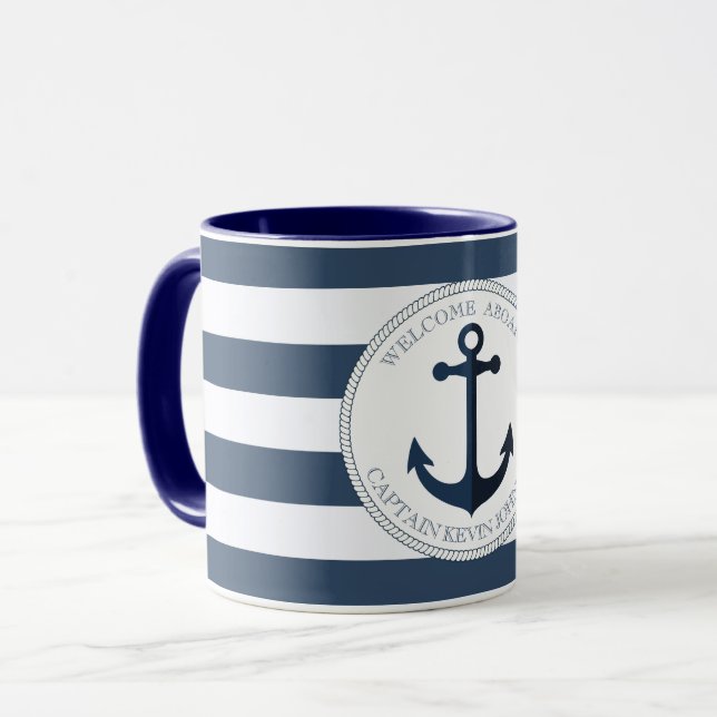 Blue and white striped with anchor personalised mug (Front Left)