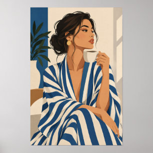 Blue and White Striped Woman with Coffee Modern Wa Poster