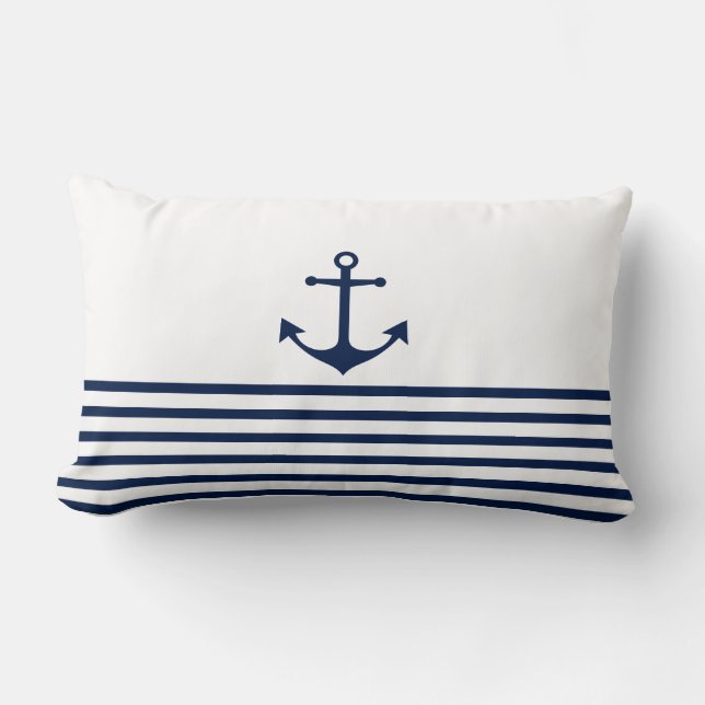 Blue and White Stripes and Anchor - Nautical Lumbar Cushion (Front)