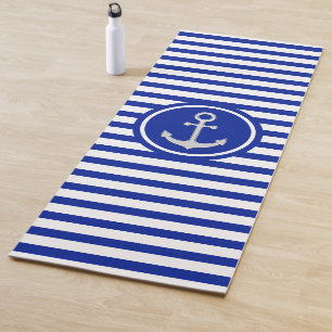 Blue and White Stripes and Silver Grey Anchor Yoga Mat