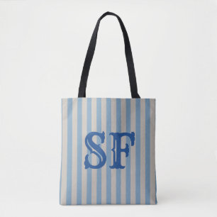 Blue and White Stripes Custom Monogram Tote Bag