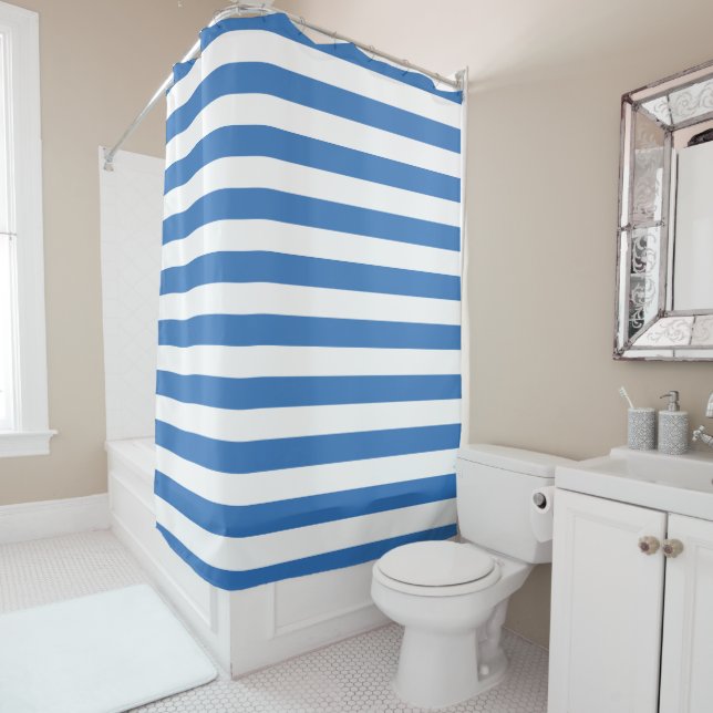 Blue and White Stripes | Editable Colours Shower Curtain (In Situ)