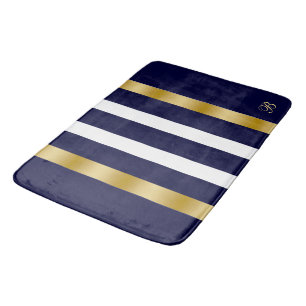 Blue and white stripes pattern gold accents bath mat