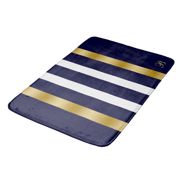 Blue and white stripes pattern gold accents bath mat (Angled)
