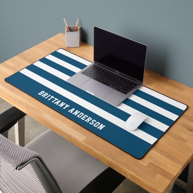 Blue and White  Stripes Pattern Personalised  Desk Mat (Office 2)