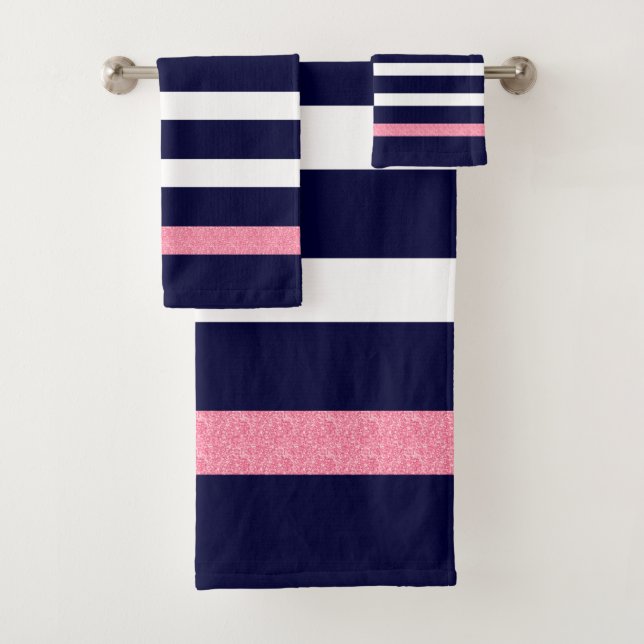 Blue and white stripes pattern pink accents bath towel set (Insitu)