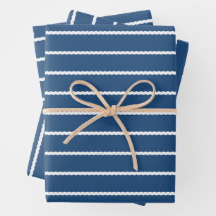Blue and white stripes squiggly lines holiday wrapping paper sheet