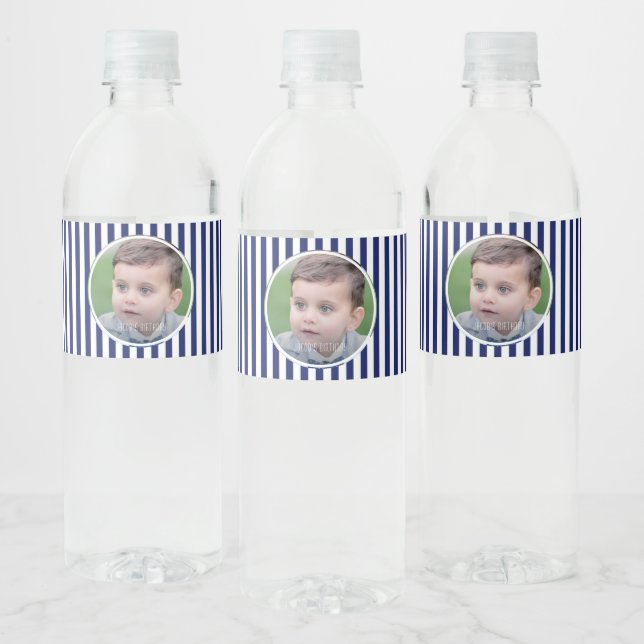 Blue and white Stripes Water Bottle Label (Bottles)