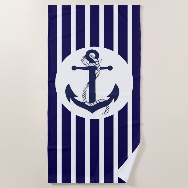 Blue And White Stripes With Anchor Beach Towel (Front)