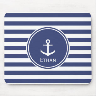 Blue and White Stripes with Anchor Mouse Pad