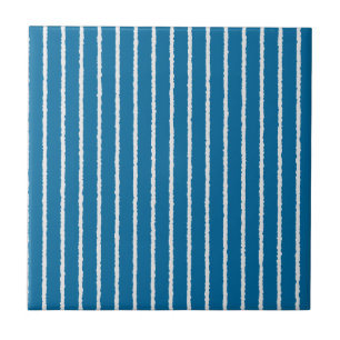 Blue and White Stripes with Uneven Lines Ceramic Tile