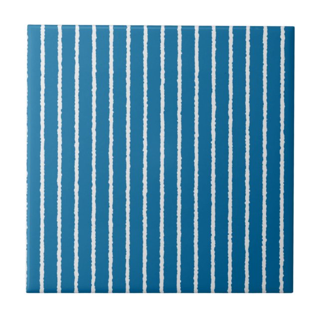 Blue and White Stripes with Uneven Lines Ceramic Tile (Front)