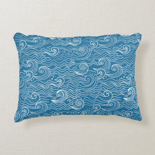 Blue and White Summer Ocean Waves Decorative Cushion
