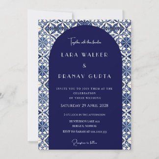 Blue And White Summer Tiles Custom Wedding Invite