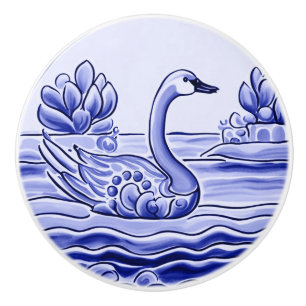 Blue and White Swan Goose Mediterranean Folk Art Ceramic Knob