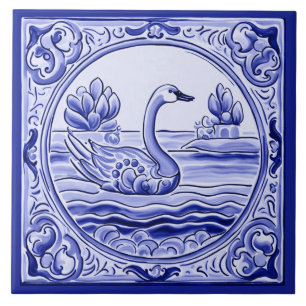 Blue and White Swan Goose Mediterranean Folk Art Ceramic Tile
