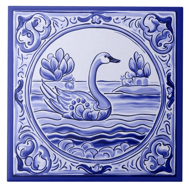 Blue and White Swan Goose Mediterranean Folk Art Ceramic Tile (Front)