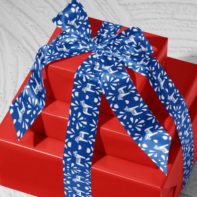 Blue and White Swedish Dala Horse Holiday Satin Ribbon (Scandinavian Swedish blue and white Dala horse patterned ribbon)