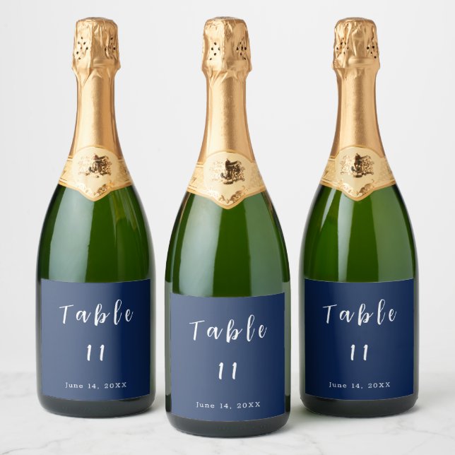 Blue and White Table Number Wedding Sparkling Wine Label (Bottles)