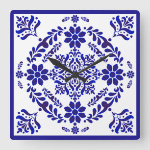 Blue and White Talavera Cuadrada Square Wall Clock