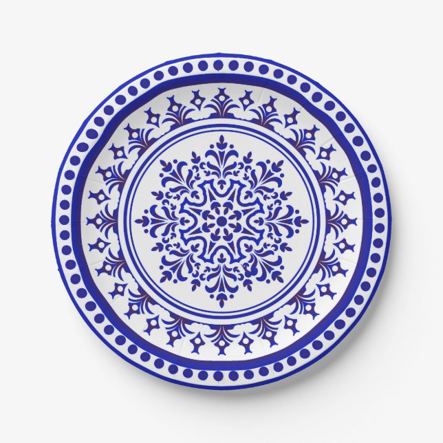 Blue and White Talavera Four Paper Plate (Front)