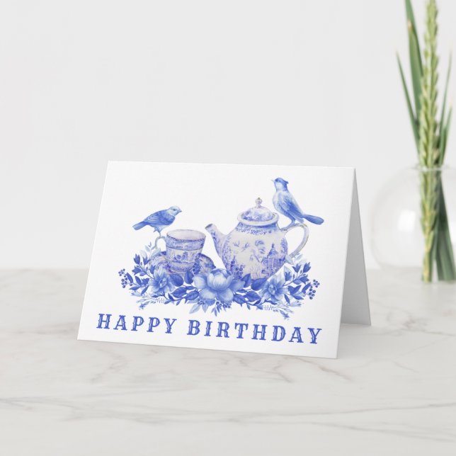 Blue and White Tea Pot with Birds | Birthday Thank You Card (Front)