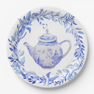 Blue and White Tea Pot with Wreath Paper Plate