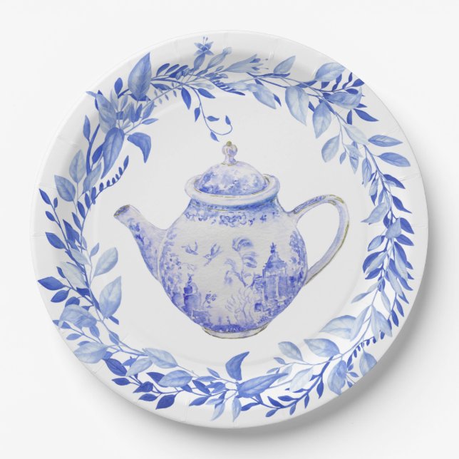 Blue and White Tea Pot with Wreath  Paper Plate (Front)