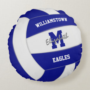 blue and white team colours kids volleyball round cushion