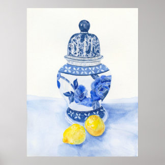 Blue and White Temple Jar with Lemons Poster