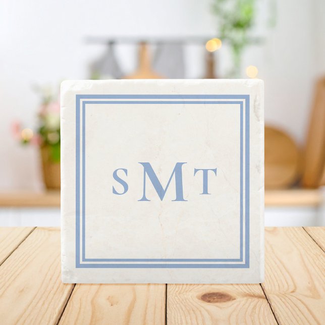 Blue and White Three Letter Monogram Stone Coaster (Creator Uploaded)