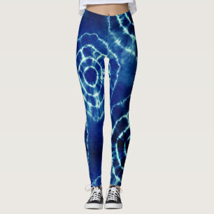 Blue and white tie dye circle pattern leggings