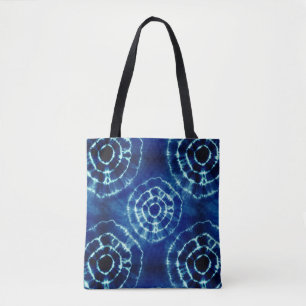 Blue and white tie dye circle pattern tote bag