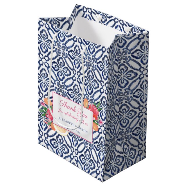 Blue And White Tile Colourful Citrus Wedding Showe Medium Gift Bag (Front Angled)