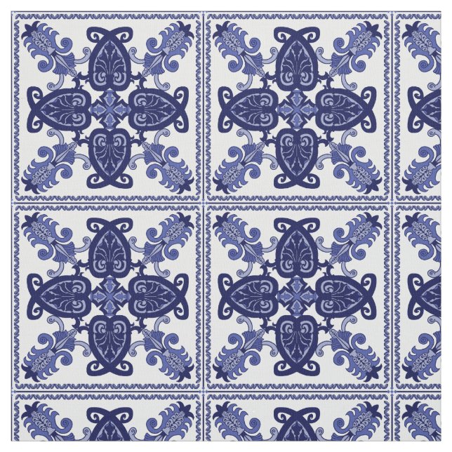 Blue and white tile pattern fabric (Swatch)