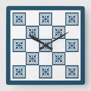 Blue and white tiles square wall clock