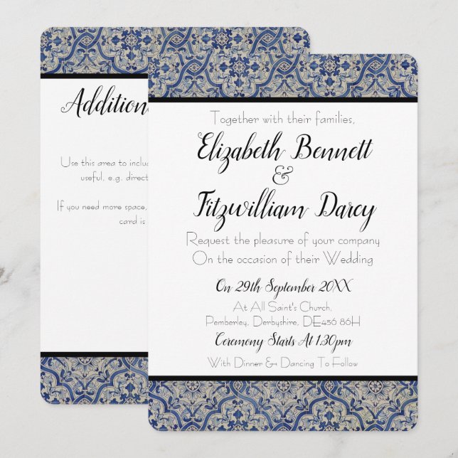 Blue and White Tiles Wedding Invitation (Front/Back)