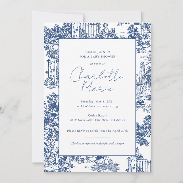 Blue and White Toile Baby Shower Invitation (Front)