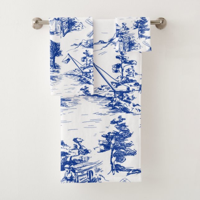 Blue and White Toile  Bath Towel Set (Insitu)