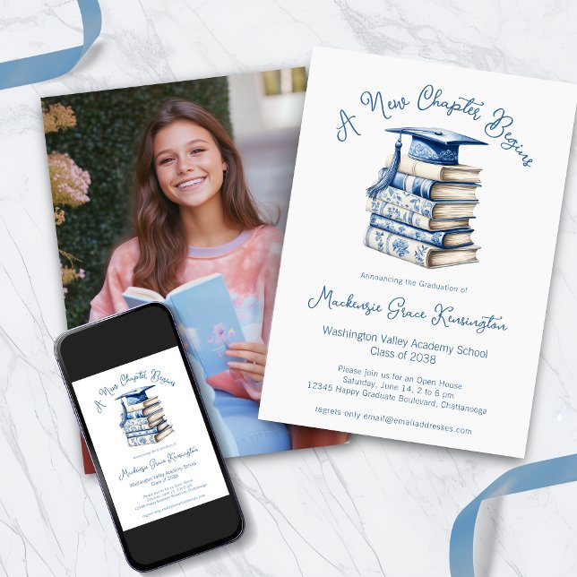 Blue and White Toile Books New Chapter Graduation Invitation (Blue and White Toile Books New Chapter Graduation Invitation Announcements)