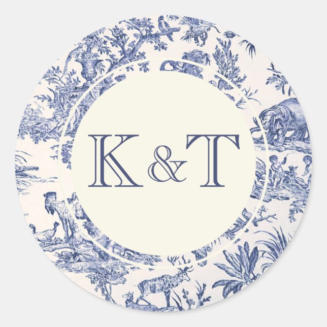 Blue and White Toile Classic Round Sticker (Front)