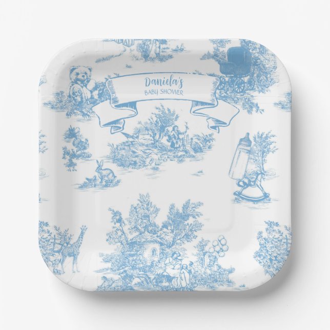 Blue and White Toile de Jouy Baby Shower Paper Plate (Front)