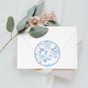 Blue and White Toile de Jouy Bridal Shower Classic Round Sticker