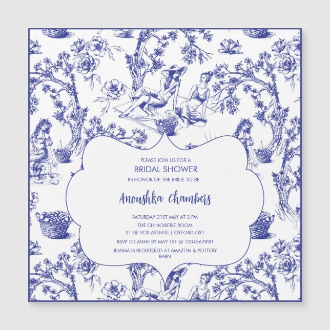 Blue and White Toile de Jouy Bridal Shower Magnetic Invitation (Front)