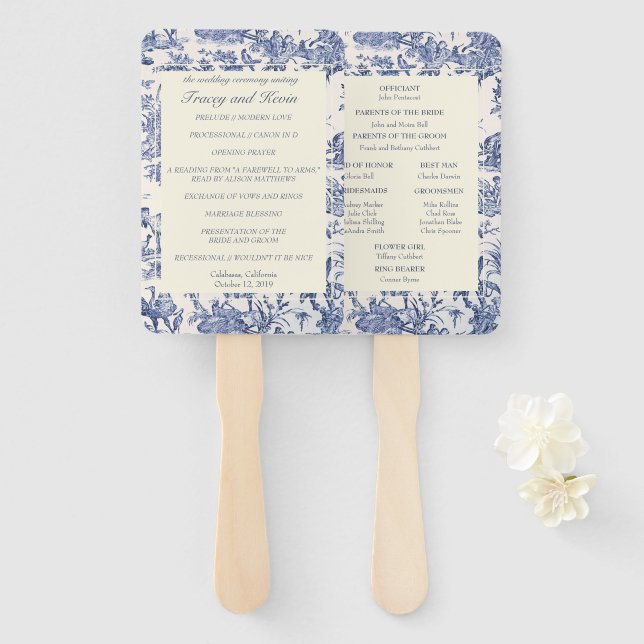 Blue and White Toile Hand Fan (Front and Back)