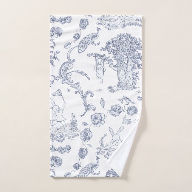 Blue and White Toile Rabbit Bunny Wonderland Hand Towel (Hand Towel)