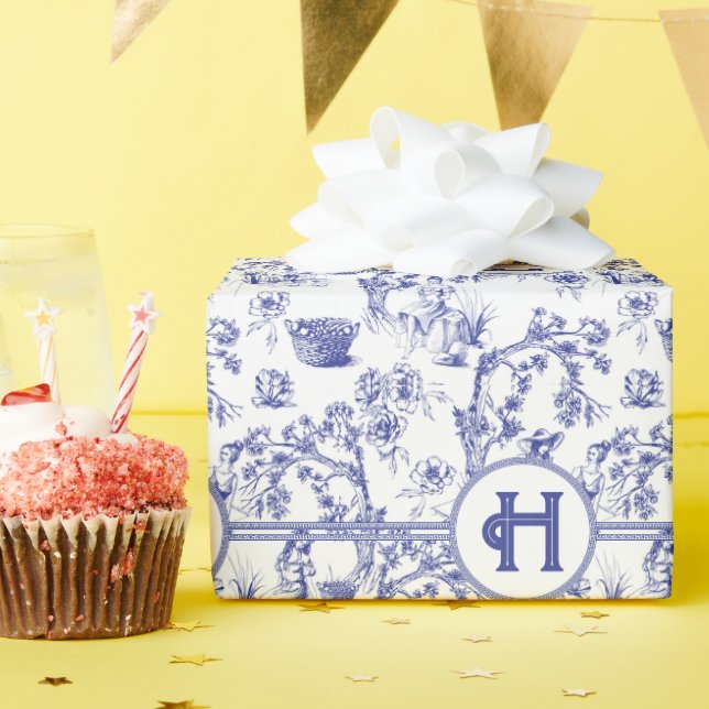 Blue and White Toile Wrapping Paper (Birthday Party)